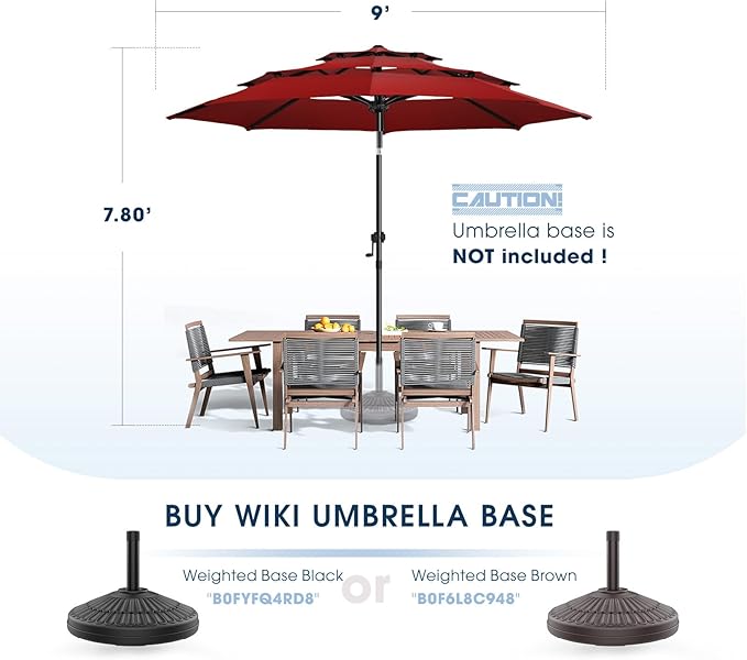 wikiwiki 9ft 3-Tier Patio Umbrella Outdoor Table Market Umbrella for Patio with Push Button Tilt/Crank, Fade Resistant Waterproof POLYESTER Canopy for Garden, Lawn, Deck, Backyard & Pool, Burgundy Red