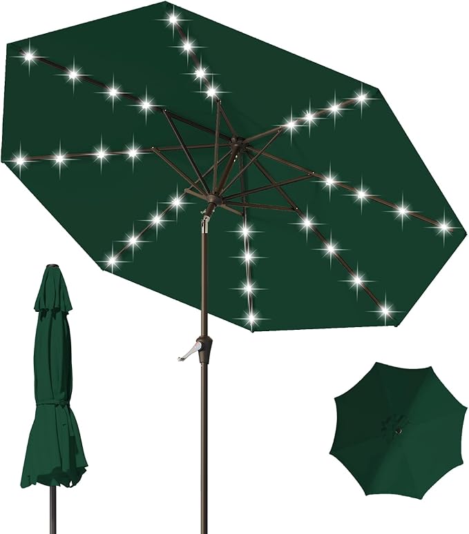 9FT Patio Umbrella with Solar Lights,Outdoor Market Umbrella with Tilt and Crank, LED Lighted Table Umbrella for Garden,Deck,Backyard,Pool,Beach (Dark Green)