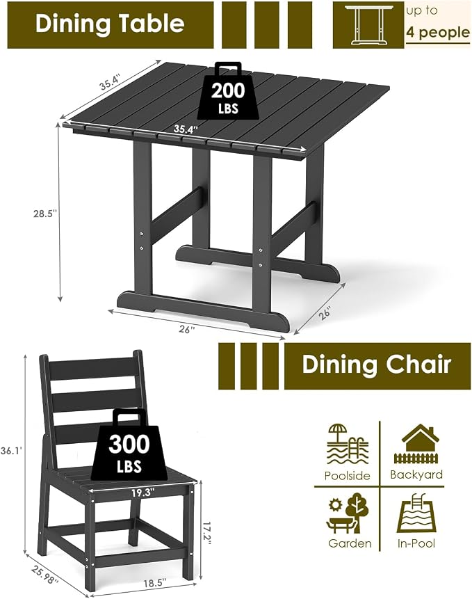 GREENVINES 5-Piece-Outdoor-Dining-Set | HDPE | Square | Patio Furniture | All Weather | Armless Chair | Slatted Table and Chairs Sets for 4 | for Backyard Poolside Garden | Black