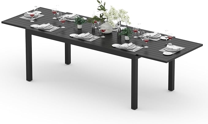 PIZZELLO Outdoor Expandable Dining Table 71"-106" Aluminum Patio Dinner Table for 8-10 Person, Rectangular Metal Collapsible Tables w/Umbrella Hole, Patio Table w/Extendable Top for Garden, Backyard