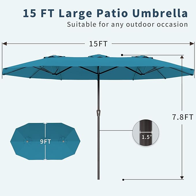 PatioKingdom 15FT Large Patio Umbrella with Base, Double Sided Rectangular Outdoor Umbrella with Sturdy Fiberglass Ribs, Market Umbrella for Pool,Garden,Backyard,Deck (Lake Blue, 15FT)