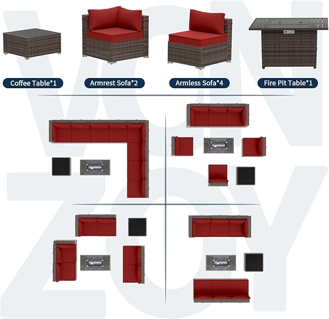 8 Piece Patio Furniture Set with 43" Fire Pit Table, Outdoor Sectional Sofa Set Heavy Duty Wicker Furniture Set with 2 Waterproof Covers