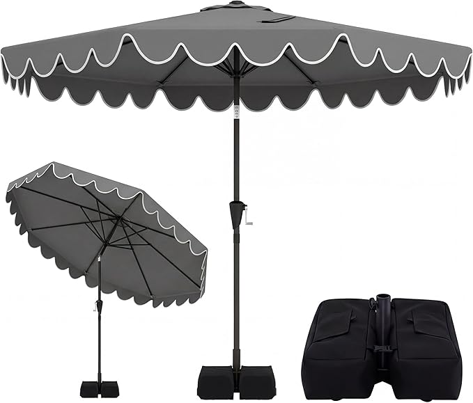 Happygrill 10 FT Patio Umbrella with Weighted Base Included, Outdoor Market Umbrella w/Push Button Tilt & Crank, 8 Heavy-Duty Metal Ribs, Air Vent, Sunshade Canopy for Garden Deck Pool Backyard (Gray)