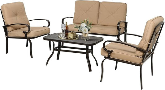 Oakcloud 4Pcs Metal Outdoor Furniture Patio Conversation Set (Loveseat and Coffee Table, 2 Dining Chair) -Wrought Iron Patio Chair Set with Cushions (Brown)