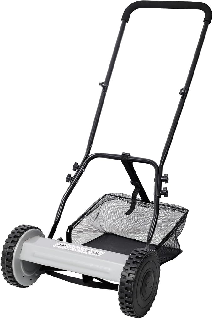14-Inch 5-Blade Push Reel Lawn Mower with Grass Catcher, Adjustable Height 0.6-1.8 Inch, Manual Hand Push Mower with Heat-Treated Alloy Steel Blades, Gas-Free Grass Cutter, Gray
