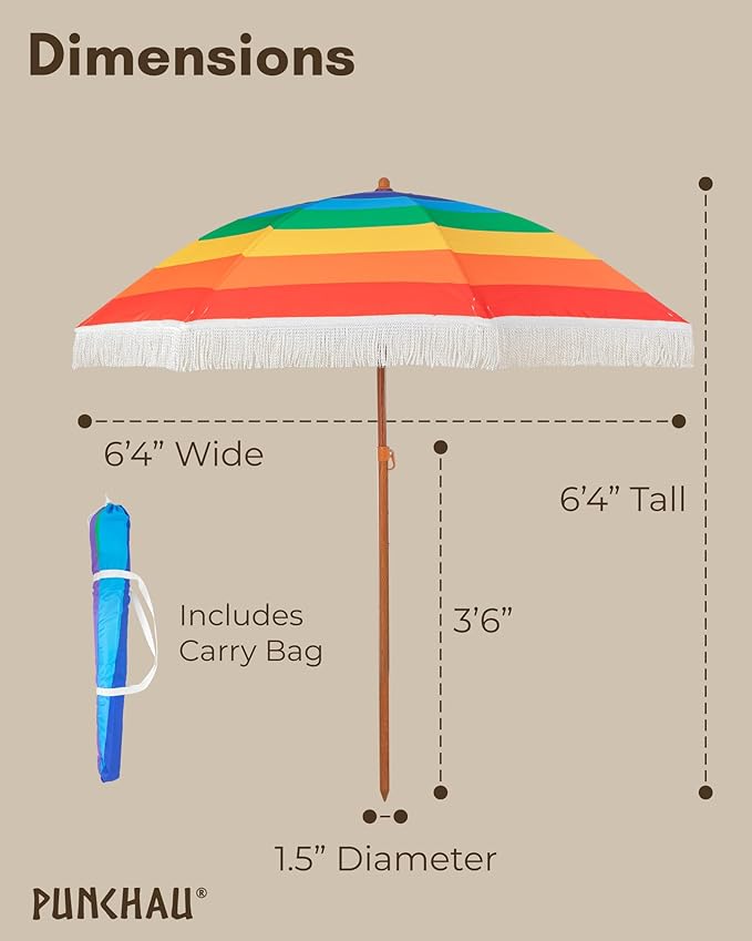 6 Ft Fringe Patio Umbrella - Outdoor Umbrella for Patio, Pool, Table, Garden, Deck, Beach, and Outdoors - Fashionable Boho Vintage Tassels & Wood Print - Push Button Tilt Pole