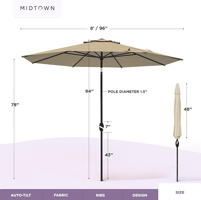 Midtown Umbrellas - The Lean 8 Ft Patio Umbrella with Fade-Resistant Sunbrella Fabric, Auto-Tilt Aluminum Frame and 8 Reinforced Ribs for Deck, Pool & Garden - Antique Beige Canopy, Black Pole