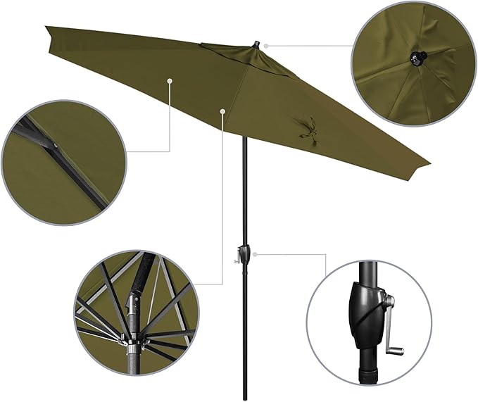 California Umbrella 12-Year Protection 9' Rd Aluminum Patio Umbrella, Crank Lift, Auto Tilt, Black Finish, Sunbrella Cilantro
