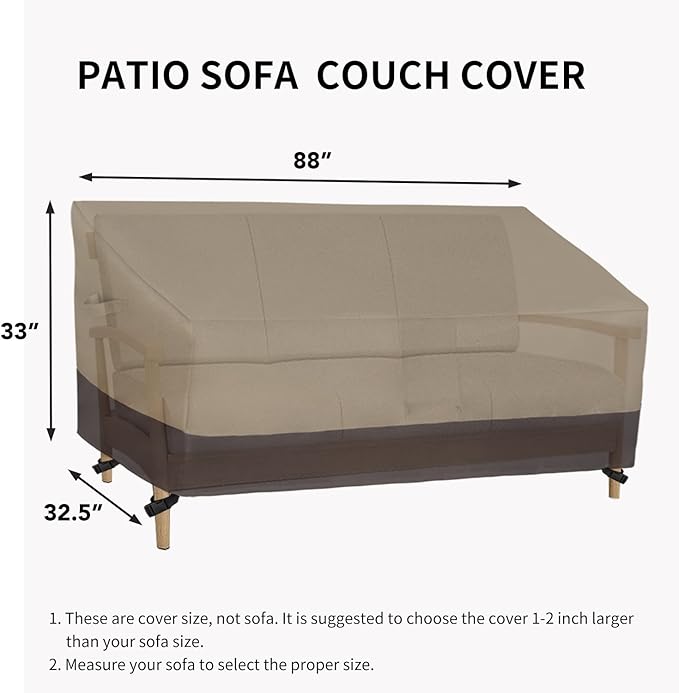 Easy-Going Waterproof Outdoor Couch Cover, Heavy Duty 3-Seater Patio Sofa Cover, Winchdproof Outdoor Furniture Cover with Air Vent （88Wx32.5Dx33H inch,Camel/Dark Brown