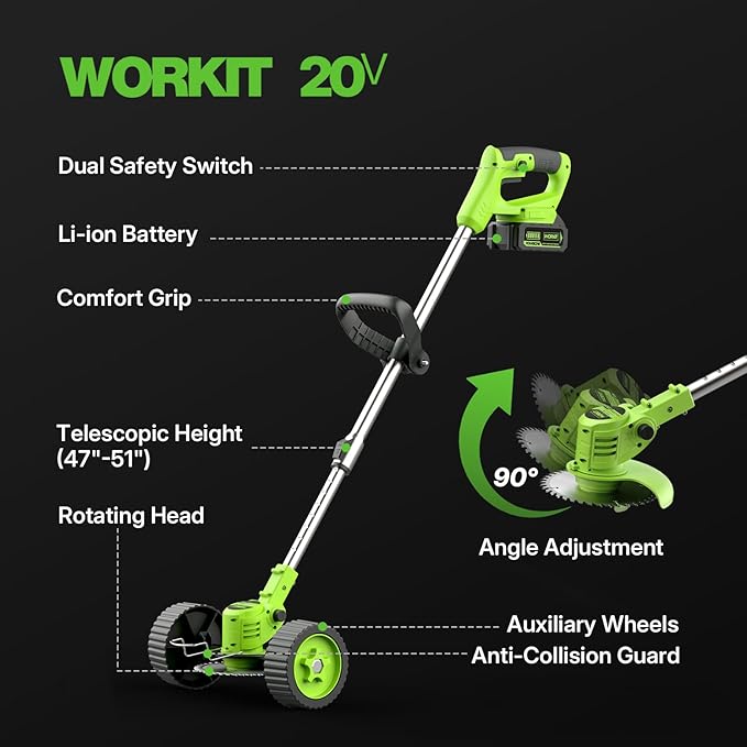 WORKIT 4-in-1 Electric Weed Wacker: 20V 6 Inch Cordless Weed Eater with Wheels - 2x4.0Ah Batteries & 4 Blade Types, Lightweight Stringless Brush Cutter for Small Yard & Garden Care