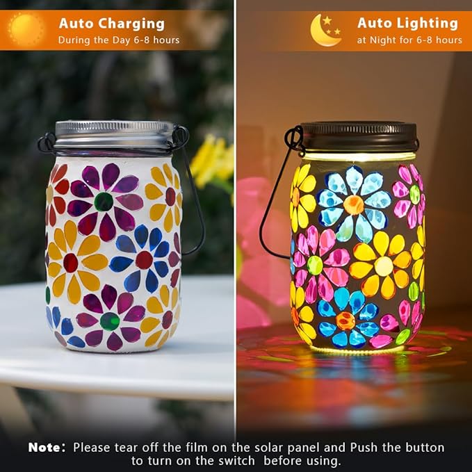 Stargarden 2Pack Mosaic Solar Lantern ,Mosaic Lights ,Outdoor Hanging Jar Lights ,Waterproof Solar Lamps for Tree, Garden, Patio, Yard, Outdoor(Flower)