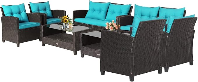 Tangkula 8-Piece Patio Furniture Set, Rattan Wicker Chair Set with 2 Loveseat, 4 Single Sofas, 2 Coffee Table with Tempered Glass Top, Outdoor Furniture Sets for Backyard, Porch, Garden and Poolside