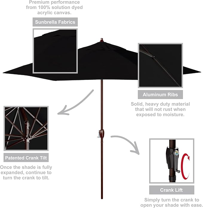 California Umbrella 12-Year Protection 9-Ft Outdoor Patio Umbrella, Sunbrella Fade-Resistant Acrylic Fabric, Auto Tilt and Crank, Heavy-Duty Aluminum Frame/ Reinforced Ribs, Bronze Pole, Black