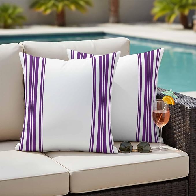 Outdoor Waterproof Throw Pillow Covers Set of 2 Purple Stripes Pillowcases 18x18 Inches White Vertical Striped Decorative Pillows Cushion Case Patio Pillows for Couch Bed Chair Garden