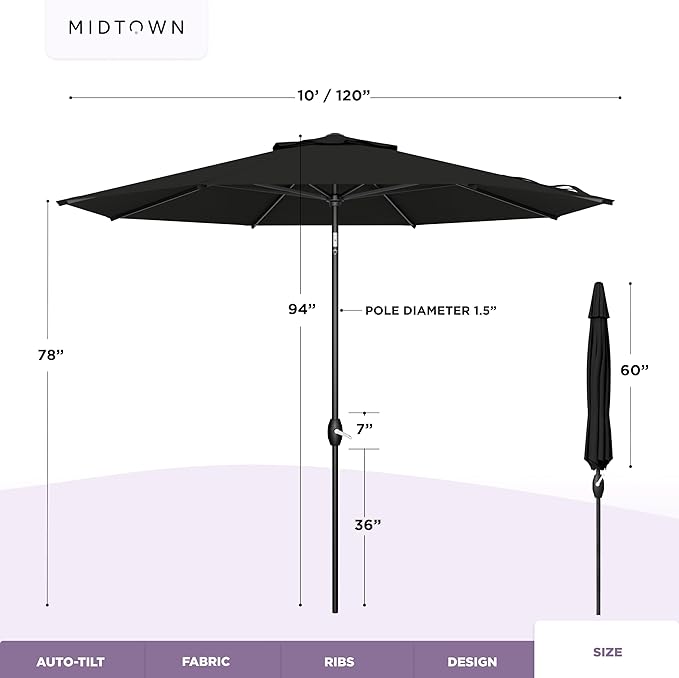 Midtown Umbrellas - The Lean 10 Ft Patio Umbrella with Fade-Resistant Sunbrella Fabric, Auto-Tilt Aluminum Frame and 8 Reinforced Ribs for Deck, Pool & Garden - Black Canopy, Black Pole