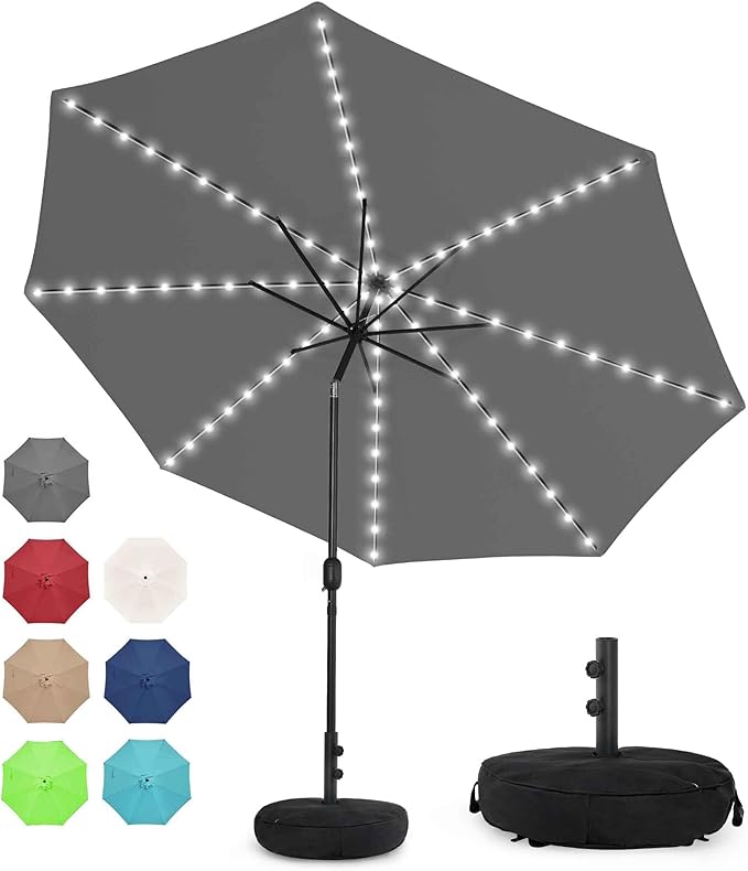 Sundale Outdoor Solar 88 LED 10 ft Patio Umbrella with Sand Bag Umbrella Base, Outdoor Umbrella with Tilt and Crank, Dark Grey