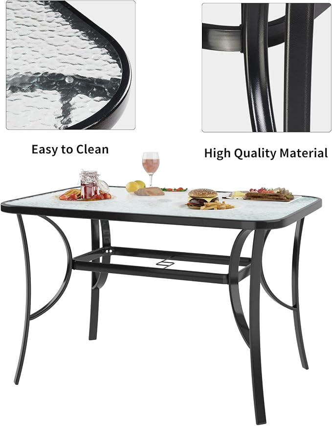 SogesHome 47 Inch Rectangle Tempered Glass Patio Dining Table Patio Table Coffee Table Dining Bistro Table, for Outdoor Garden Balcony Backyard Poolside Lawn, with Umbrella Hole, Black