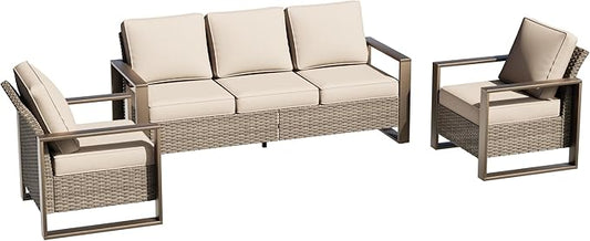 Wicker Patio 75" Sofa Set with Two Armchairs, All Weather Rattan Outdoor Conversation Furniture Set with Wood-Looking Metal Armrest & Removable Cushions for Deck Backyard Porch, Beige