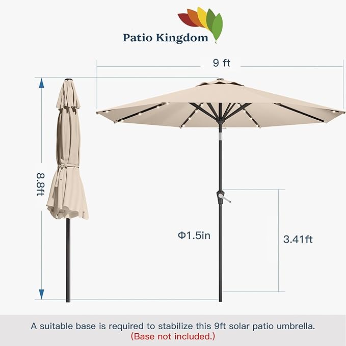 9FT Solar Umbrella 32 LED Lighted Patio Umbrella Table Market Umbrella w/Tilt and Crank, UV-Resistant Outdoor Umbrella for Pool, Garden, Deck, Beige