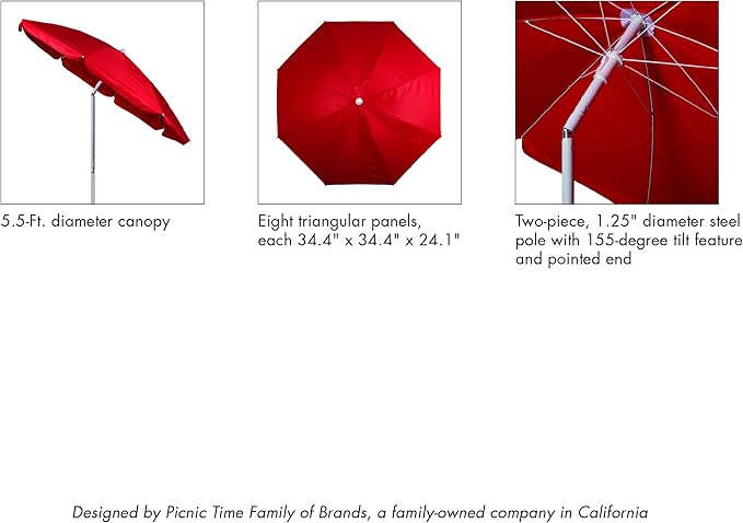 PICNIC TIME 5.5 Ft Portable Beach Umbrella, Lightweight UV Protection Sunshade with Tilt Pole & Carry Bag, Outdoor Canopy Umbrella for Beach, Sand, Pool, Patio, Camping, Travel, or Backyard Shade, (Blue Athens Pattern)