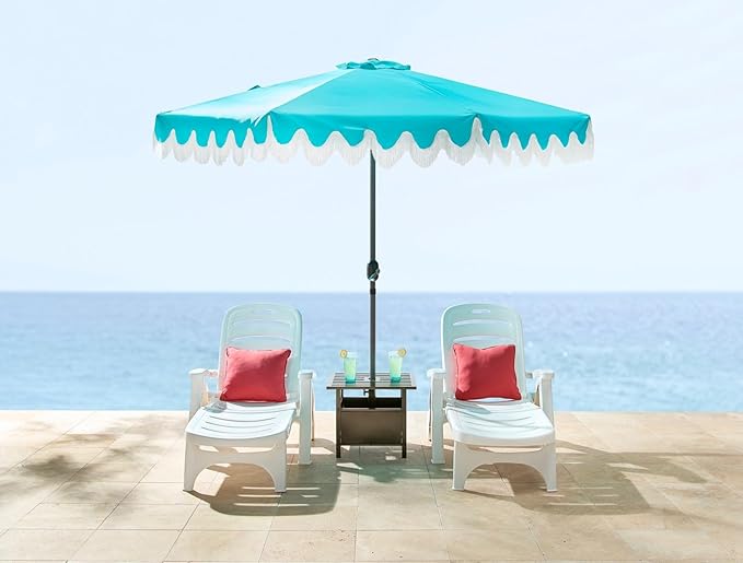 BrylaneHome 9 Ft. Tilt-N-Crank Umbrella With Fringe