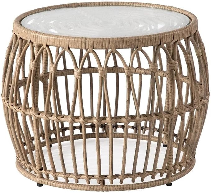 Afuera Living Round Outdoor Coffee Table, Natural PE Wicker/Rattan with Tempered Glass Top, 21.65" Diameter x 15.75" Height, Powder-Coated Steel Frame, Boho Style for Patio, Garden, or Indoor Spaces
