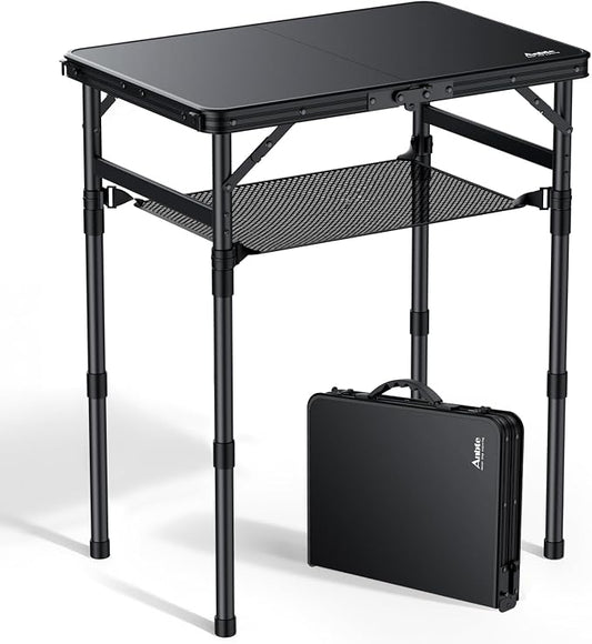 Anbte 2ft Small Folding Camping Table, Waterproof Flat Plastic Tabletop 3 Adjustable Height Portable Camping Table with Storage Net, for Picnic Indoor Outdoor Travel Beach, 22.8" X 15.7", Pure Black