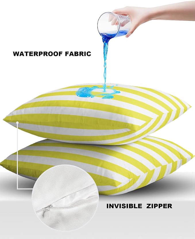 Outdoor Waterproof Pillow Covers for Patio Furniture Yellow and White Stripes Decorative Throw Pillow Cover Solid Striped Pillowcases Set of 2 Cushion Case for Sofa Couch Chair 24 x 24 in