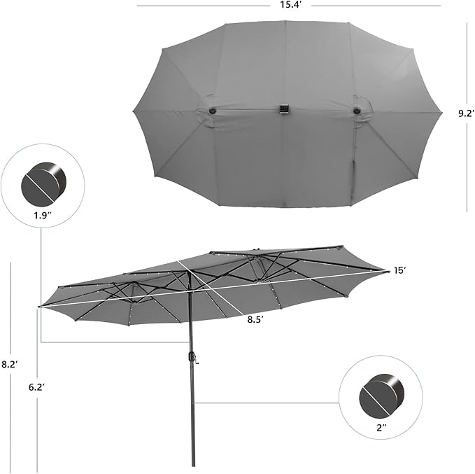 Tangkula 15 Ft Solar Patio Umbrella, Double-Sided Extra Large Outdoor Market Table Umbrella with 48 LED Lights, Crank Handle, 12 Sturdy Ribs for Poolside, Garden & Backyard (Gray)