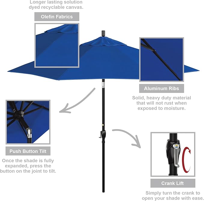California Umbrella 9' Round Aluminum Market Umbrella, Crank Lift, Push Button Tilt, Black Pole, Royal Blue Olefin