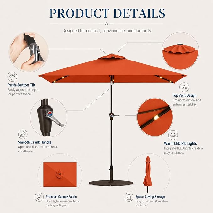 6.5 x 10ft Rectangular Patio Umbrella with Solar Lights, 16 LED Lighted Market Umbrella with Push-Button Tilt and Crank, 6 Sturdy Iron Ribs for Garden, Deck, Pool, Terracotta