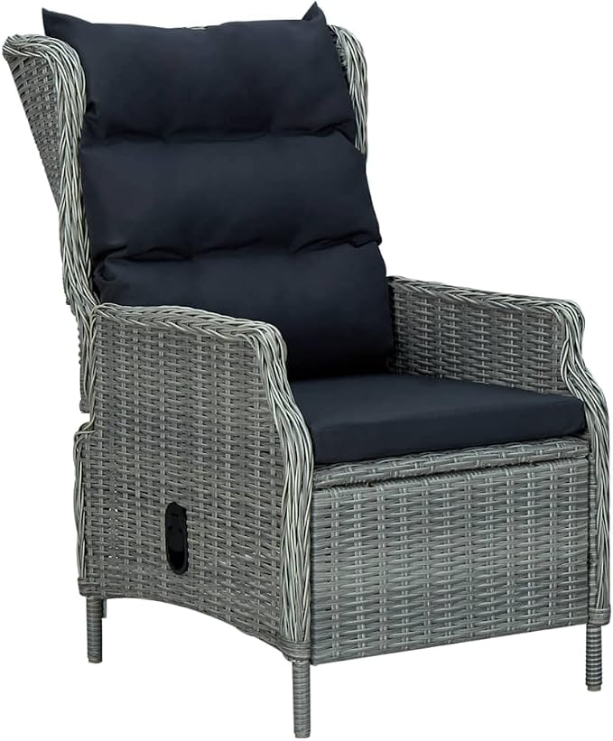 5 Piece Patio Dining Set Light Gray with Reclining Chairs, Outdoor Rattan Furniture for Garden Backyard, Tempered Glass Table and Adjustable PE Wicker Seat Cushions, 4 Person Patio Conversation Set
