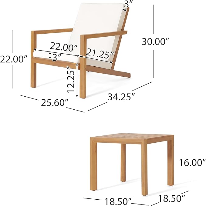Christopher Knight Home Leah 2-Seater Acacia Wood Outdoor Patio Furniture Set, Outdoor Conversation Chat Set with Cushion, Adirondack Chairs Set of 2 + Side Table Set for Backyard Balcony, Teak+Beige