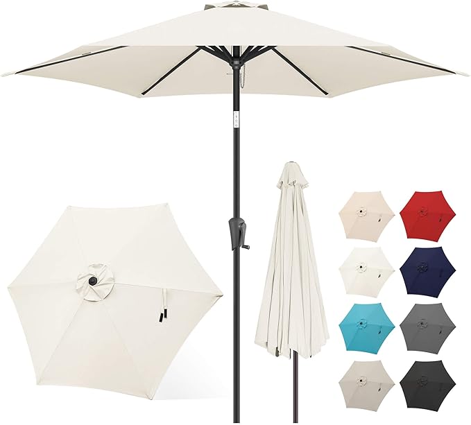 FLAME&SHADE 10ft Patio Umbrella - Outdoor Umbrella with 6 Sturdy Ribs, Push Button Tilt and Crank, UV Protection Table Market Umbrella for Pool, Porch，Garden, Deck, Backyard(Ivory)