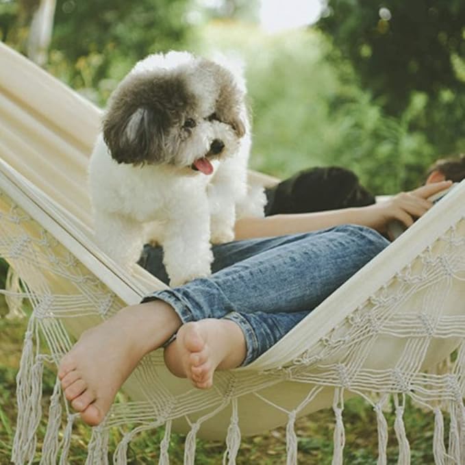 RUVOO Hammock Camping Hammock Cotton Fabric Swing Hammock for Patio Porch Garden Backyard Outdoor and Indoor Use Tassel Hamac Hammocks for Outside