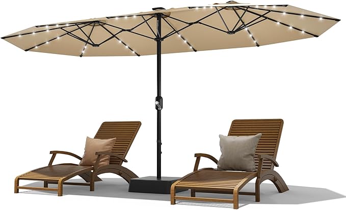 15FT Double-Sided Rectangular Outdoor Patio Umbrella with Included Base & Solar LED Lights–UV-Resistant & Waterproof Canopy,Heavy-Duty Steel Frame,Large Sun Shade for Garden,Deck,Poolside & Backyard