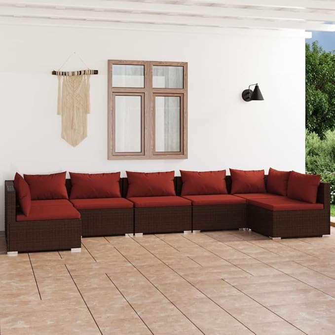 7 Piece Patio Lounge Set with Cushion, Furniture Conversation Sets Piece Patio Set Patio Lounge Set Outdoor Patio Sectional s Poly Rattan Brown
