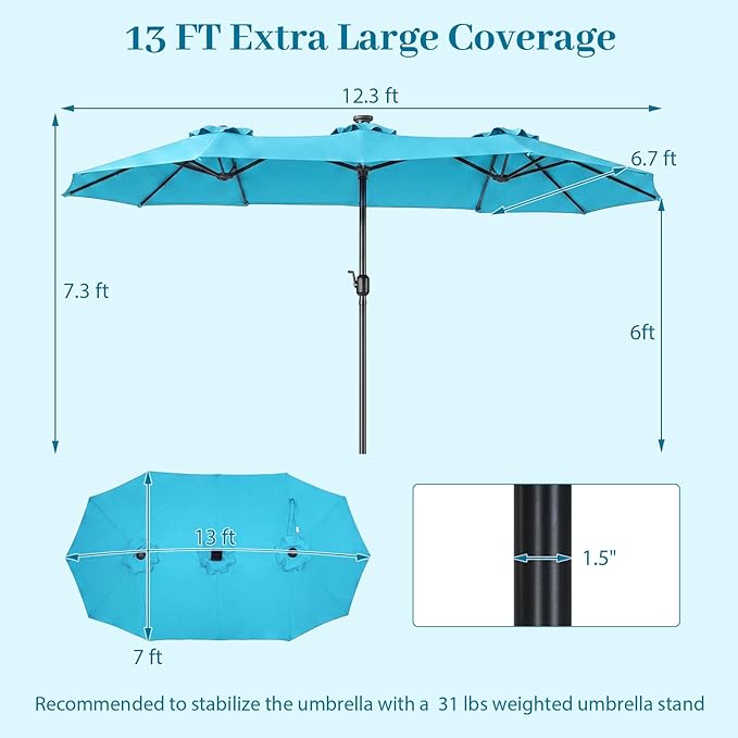 Tangkula 13 Ft Solar Patio Umbrella, Double-Sided Extra Large Outdoor Market Table Umbrella with 36 LED Lights, Crank Handle, 12 Sturdy Ribs for Poolside, Garden & Backyard (Turquoise)