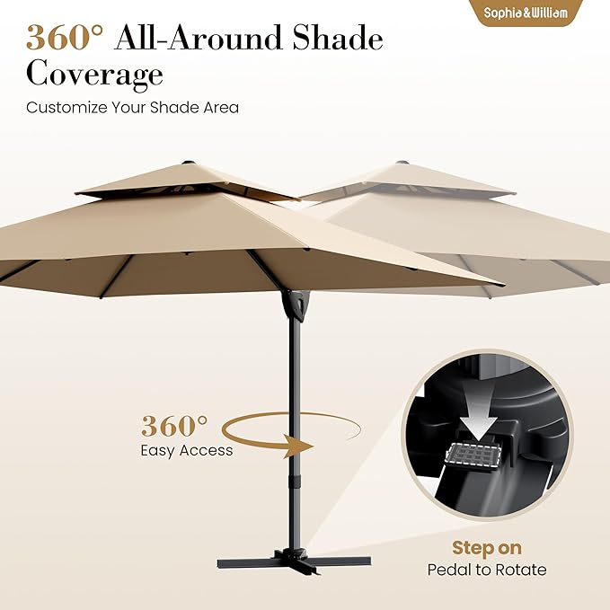 Sophia & William 12ft Cantilever Patio Umbrella with Base, Outdoor Offset Large Rectangular Umbrellas with 360-degree Rotation, Aluminum Pole for Garden Pool Backyard, Beige