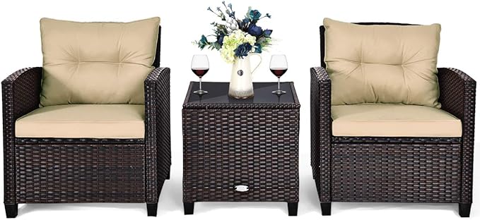 AUGESTER 3 PCS Patio Furniture Set, Outdoor PE Rattan Wicker Conversation Sofa Set w/Washable Cushion and Tempered Glass Tabletop, All Weather Chat Sofa for Garden Poolside Balcony Porch (Beige)