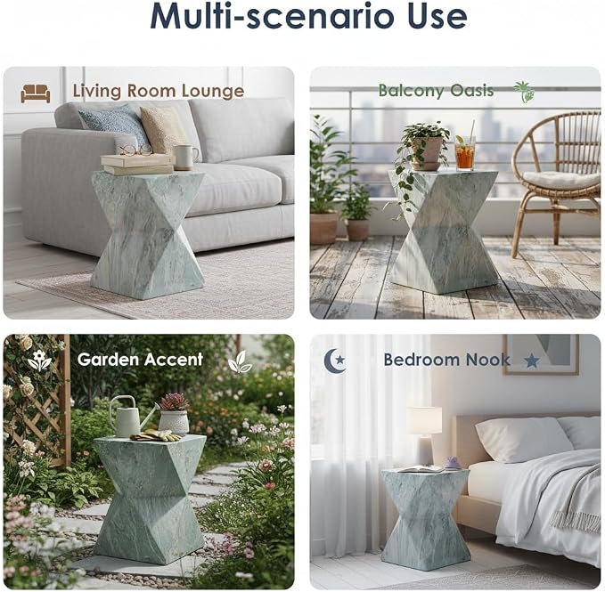 Merax 18.5" H Modern Geometric MGO Side Table, Hourglass Accent Table with Faux Marble Finish - Weather Resistant End Table for Indoor and Outdoor Use, Living Room, Bedroom & Patio, Green Marble