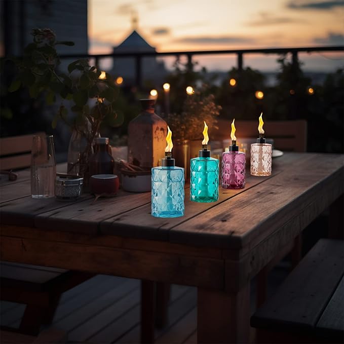4 Pack Glass Table Top Torches Tesrago, Citronella Torches for Outside, with Wick and Cap, Refillable Flame Light Torch, Decorative Tabletop Lantern for Yard, Patio,Deck,Garden,Outdoor Party,Landscape