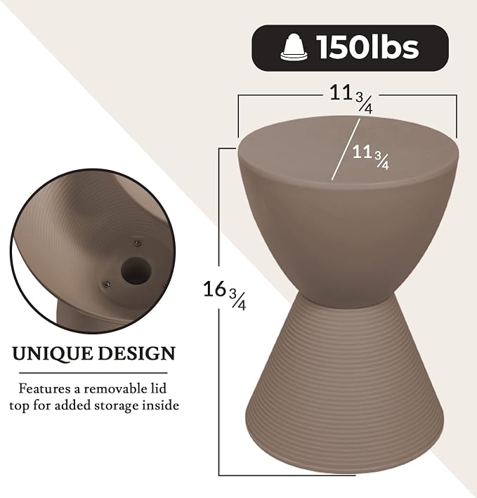 LeisureMod Modern Hourglass Taupe Side Table - ABS Shell Drum End Table with Storage for Indoor & Outdoor Use
