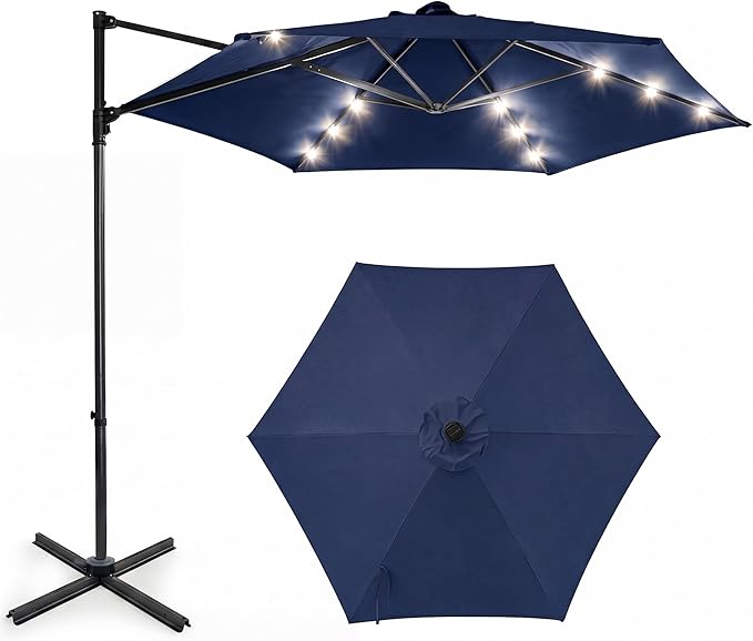 HAPPYGRILL 10 FT Patio Umbrella with Solar Lights, Outdoor Offset Cantilever Umbrella with White LED Lights, 360 Degree Rotation, Air Vent for Pool Deck Garden Backyard