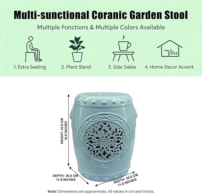 Decorative Ceramic Garden Stool, Hand-Crafted Outdoor Side Table, Shoe Changing Drum Stool for Patio, Living Room Accent Furniture(Light Blue)