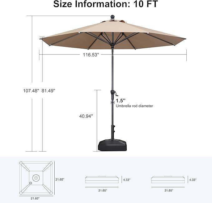 PURPLE LEAF 10' Round Patio Market Umbrella with Base Outdoor Table Umbrellas Aluminum Frame Sun Shade with 8 Sturdy Ribs Tilt for Garden Deck Lawn Pool Taupe