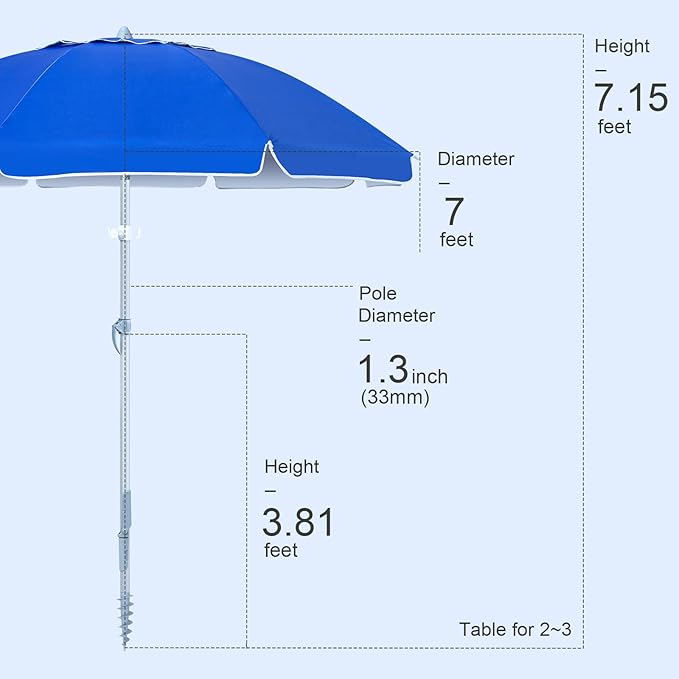 Tempera Heavy Duty High Wind Beach Umbrella with Sand Anchor & Carry Bag | Patio Outdoor Umbrella with Aluminum Frame and Push Button Tilt, Ideal for Travel Garden Lawn, UPF 60+