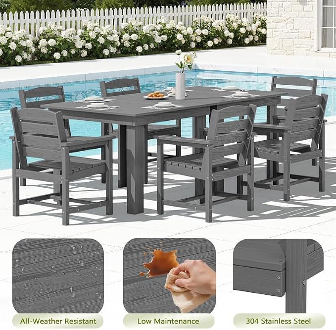 KINGYES 8-Piece HDPE Outdoor Dining Set for 6, Square Patio Table & Armchairs with Umbrella Hole, All-Weather Patio Dining Set for Backyard, Garden, Lawn & Poolside, Gray