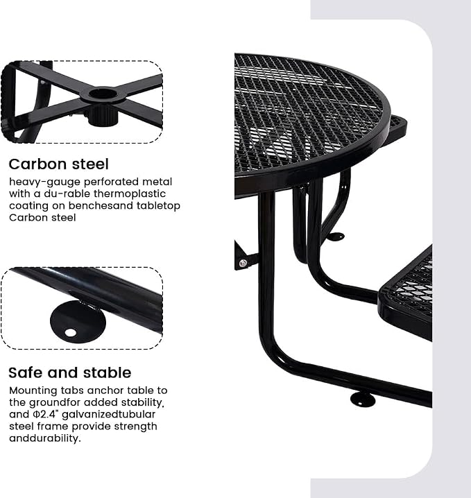 46" Round All Metal Picnic Table for 4-8 Person, Durable Heavy Duty Commercial Picnic Table with Umbrella Hole for Outdoor Coffee Shop, School, Easy to Assemble, Black
