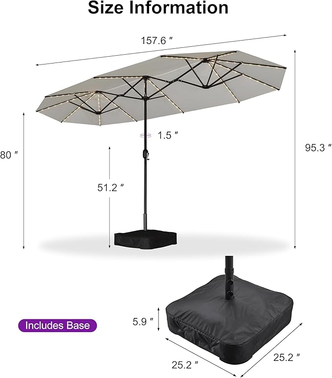 PURPLE LEAF 13ft Patio Market Umbrella with Solar LED and Base Double-Sided Rectangle Outdoor Table Sun Umbrellas with Crank for Pool Beach Deck Backyard Cream